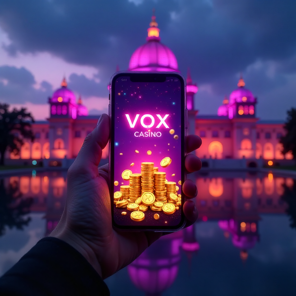 A hand holding a sleek smartphone with the Vox Casino app open, background featuring the Palace of Culture and Science in Warsaw at twilight, neon violet and gold brand colors, 3D golden coins and glowing slot symbols flying out of the screen, cinematic 8